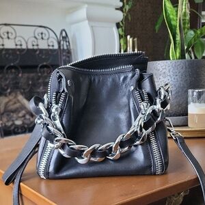 Black Leather Bag with Silver Chain